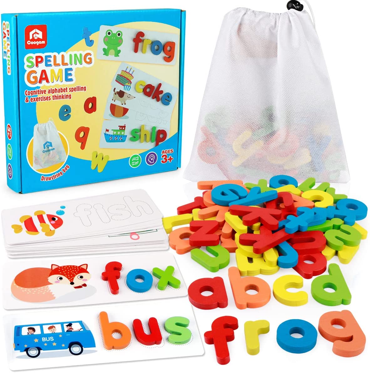 230527225217311_1 Coogam Read Spelling Learning Toy, Wooden Alphabet Flash Cards Matching Sight Words ABC Letters Recognition Game Preschool Educational Tool Set for 3 4 5 Years Old Girls and Boys Kids - Image 1
